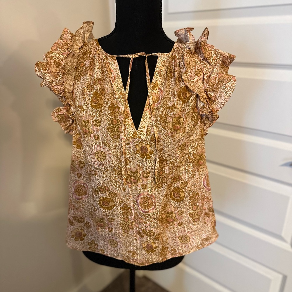 Ulla Johnson Floral Ruffle Sleeve Pink & Gold Blouse